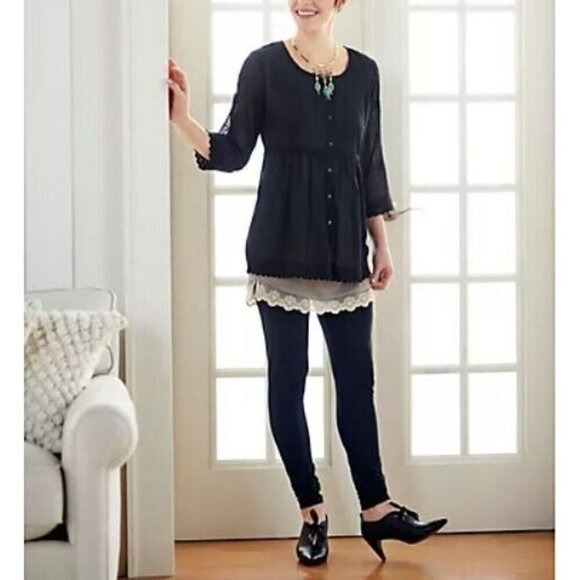 LOGO by Lori Goldstein Top Womens 12 Black Embroidered Button Up Sheer Boho - Picture 1 of 10